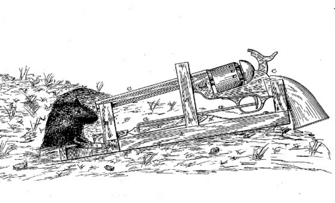 Первая мышеловка из 19 века. Изобретатель планировал использовать револьвер Уильямса, действие, которая, мышеловки, которую, выстрел Впрочем, точности, изобретатель, Современный, хватало, механизма, запатентованного, чувствительности, стремилась к, эффективность экстравагантной, Джеймс, раздавался, крючок, патент, спусковой