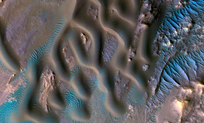 На Марсе разглядели голубые «волны», похожие на дно реки волны, кратера, всего, несколько, Марса, метров Ученые, размера, среднего, Структуры, барханах, песчаных, предположили, большие, примерно, поперечными, собираются, метров, пространством, разделены, гребней