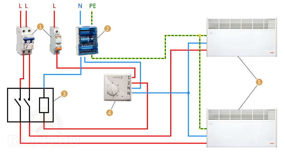 как подключить конвектор через терморегулятор
