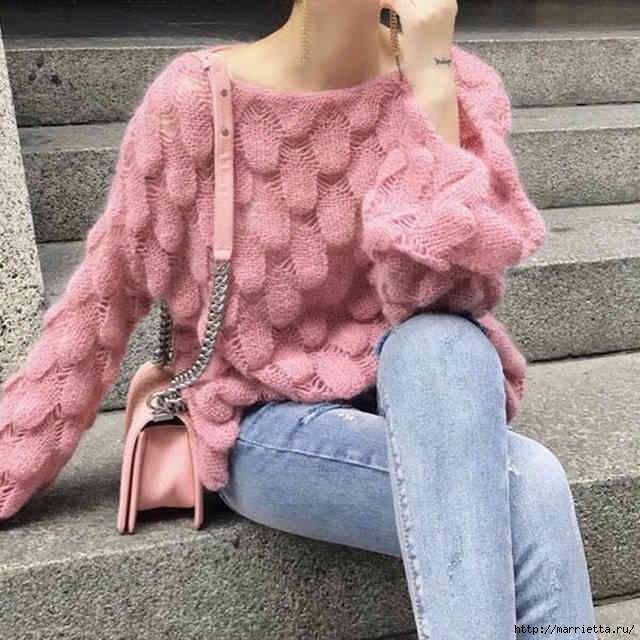 Пуловер спицами красивым узором вязание полувера