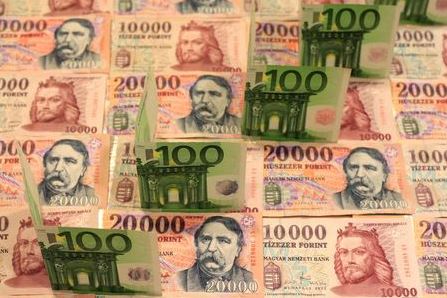 100 Euro banknotes are seen on top of Hungarian forint banknotes of various denominations in this illustration picture shot February 5, 2014. REUTERS/Bernadett Szabo/Illustration/File Photo
