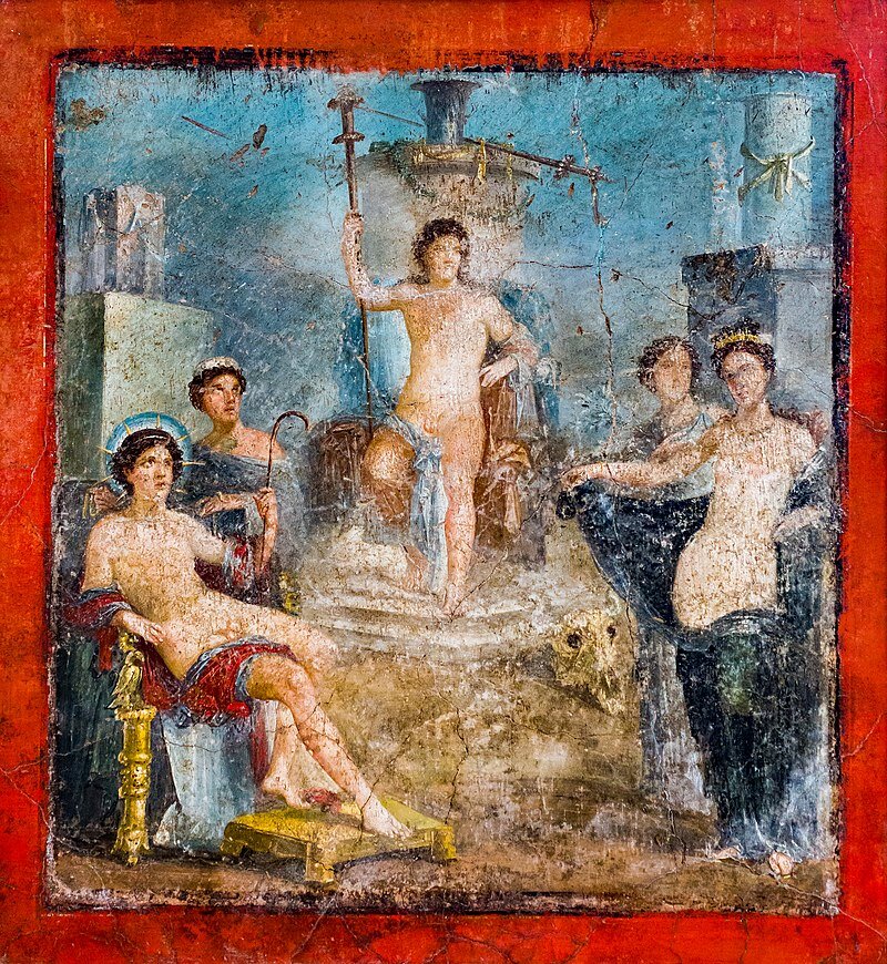 Дионис, сидящий на троне, с Гелиосом, Афродитой и другими богами. Античная фреска из Помпеи.