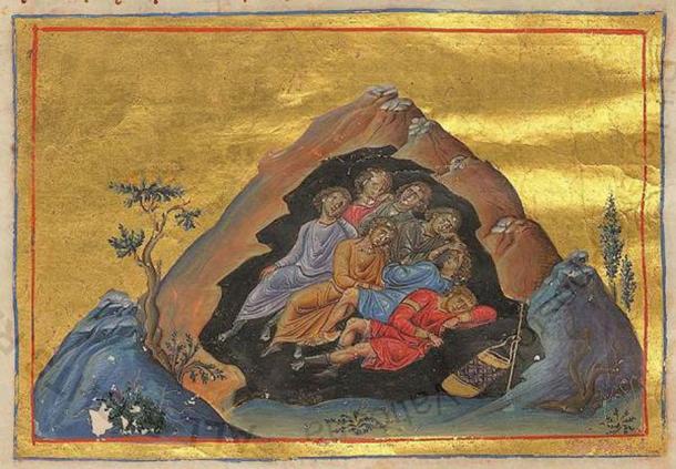 Иллюстрация из Менологиона Василия II о семи спящих, средневековой легенде о группе молодых людей, которые спрятались в пещере, спасаясь от преследований, и появились спустя более 300 лет.