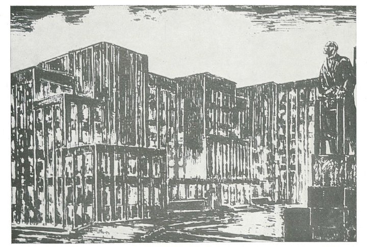 Дом правительства. Проекта главного фасада и статуи Ленина. Один из вариантов решения. Рисунок Иосифа Лангбарда 1931 года. Фото: книга А.Воинова «Дом Правительства Белорусской ССР: Краткий очерк» (Мн., 1975)