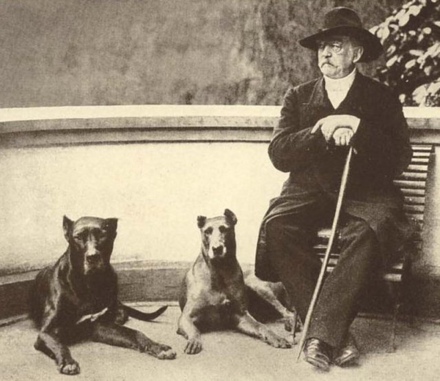 Отто фон Бисмарк с его так называемым Рейхсхунденом («Собаками Империи») Тирас II и Ребекка, 1891 год. история, люди, мир, фото