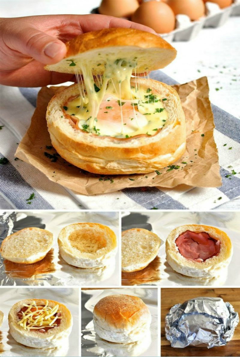 Питательный сэндвич с яйцом, беконом и сыром, запеченный в духовке.