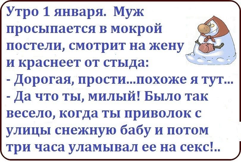 Возможно, это изображение (текст «утро 1 января. муж просыпается в мокрой постели, смотрит на жену и краснеет от стыда: -дорогая, прости...похоже похоже я тут... -да что ты, милый! было так весело, когда ты приволок с улицы снежную бабу и потом три часа уламывал ее на секс!..»)