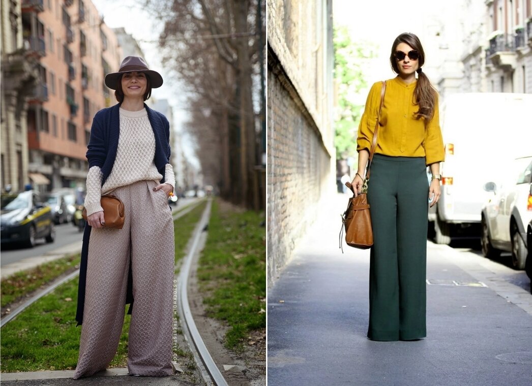 С чем носить зеленые широкие брюки женские фото