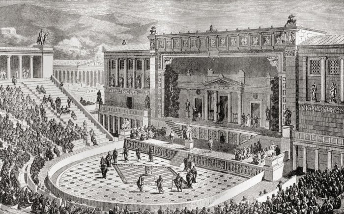 Театр Диониса, Афины Греция. Изображение из книги Harmsworth History of the world, опубликованной в 1908 году. \ Фото: amazon.com.