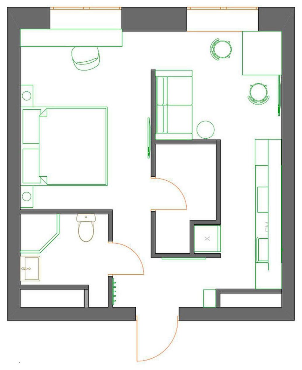 Квартира 36м² с необычной планировкой- впервые вижу гардеробную посередине квартиры двери, дизайн, спальню, квартира, Здорово, ткани, двусторонней, тяжёлой, шторы, поставить, можно, откатные, потолку, вполне, дерева, натурального, маленькаяВидно, ощущение, создаёт, карниз