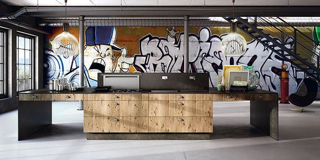 Современный дизайн кухни из твердой древесины на фоне стильного граффити