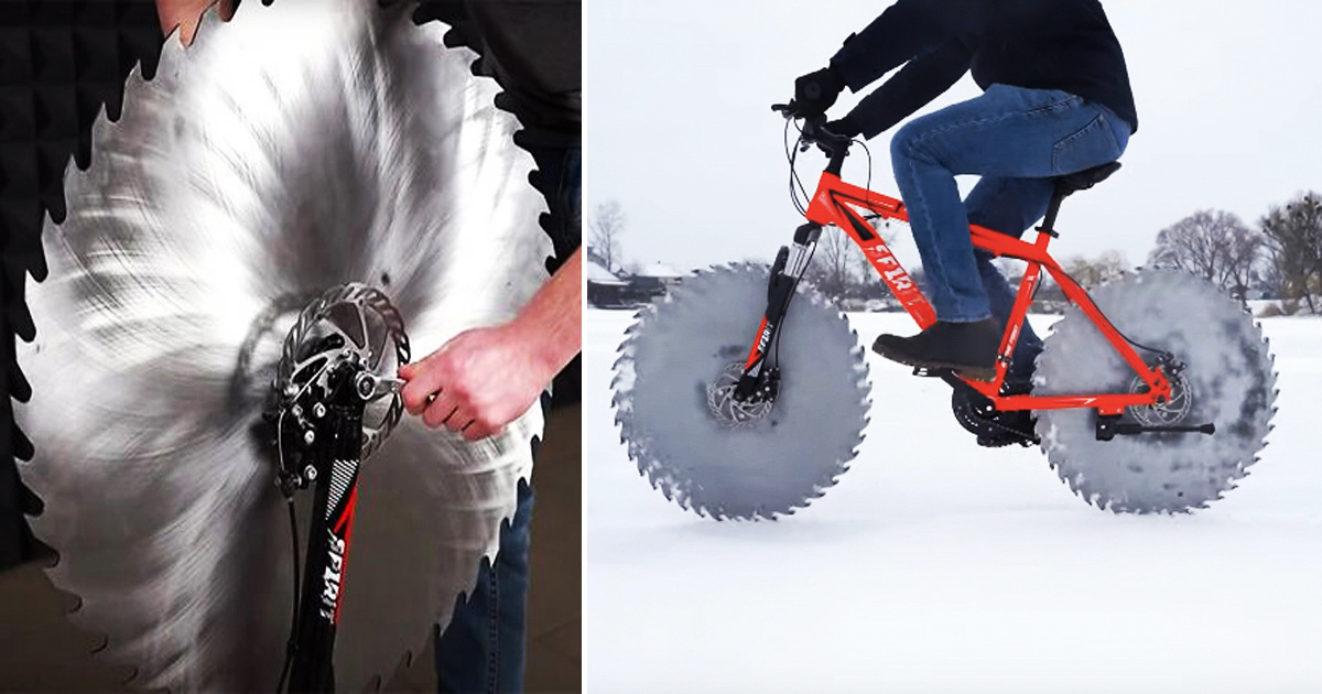 (Видео) Мужчина заменяет велосипедные шины на дисковые пилы и отправляется кататься на замерзшем озере