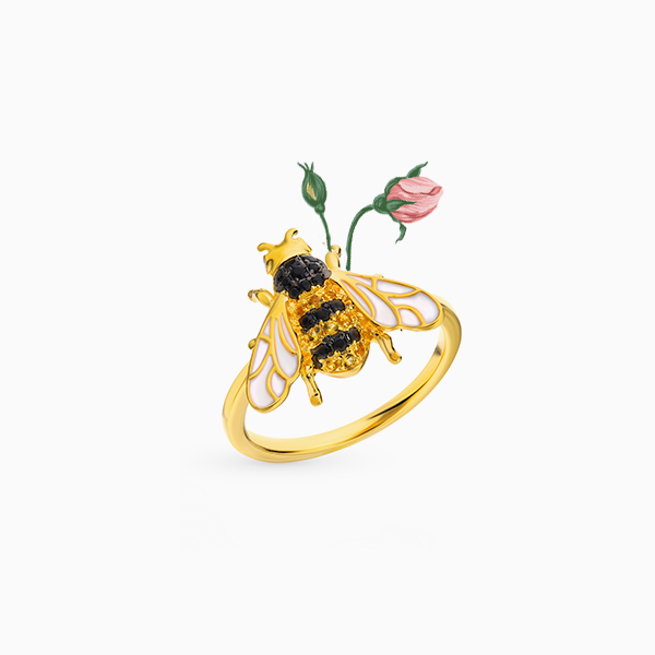 Кольцо SL из коллекции Bees, серебро, фианиты, эмаль