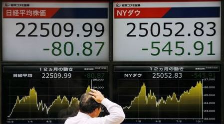 A man looks at electronic boards showing Japan's Nikkei average (L) and Dow Jones Industrial Average outside a brokerage in Tokyo, Japan, October 12, 2018. REUTERS/Toru Hanai