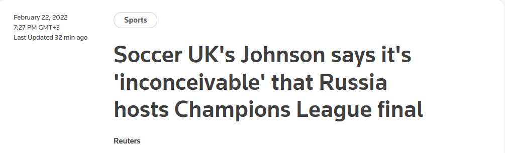 Борис Джонсон решил наказать Путина отменой футбольных матчей в его родном Санкт-Петербурге Борис Джонсон решил наказать Путина отменой футбольных матчей в его родном Санкт-Петербурге Блогеры,геополитика,общество,Политика