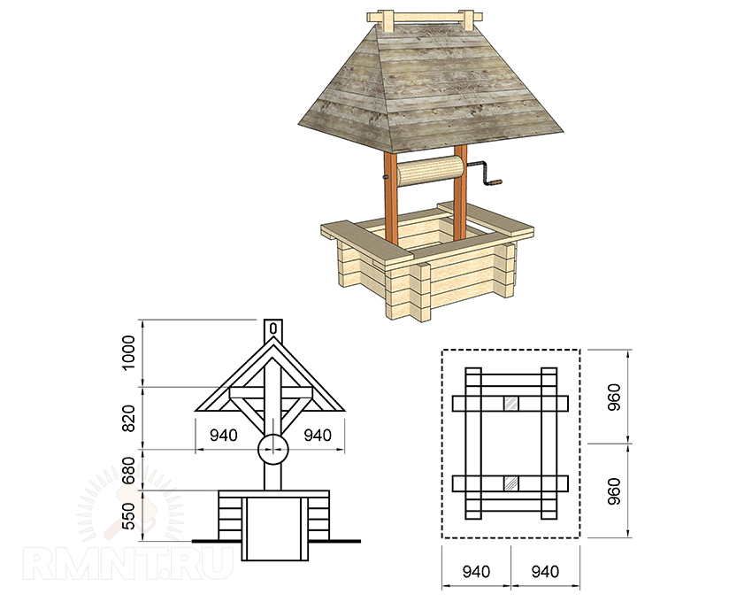 Декоративный колодец из дерева для дачи — чертежи с размерами и 45 фото