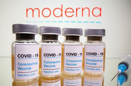 Vials with a sticker reading "COVID-19/Coronavirus vaccine/Injection only" and a syringe are seen in front of a displayed Moderna logo in this illustration taken October 31, 2020. REUTERS/Dado Ruvic/Illustration/File Photo