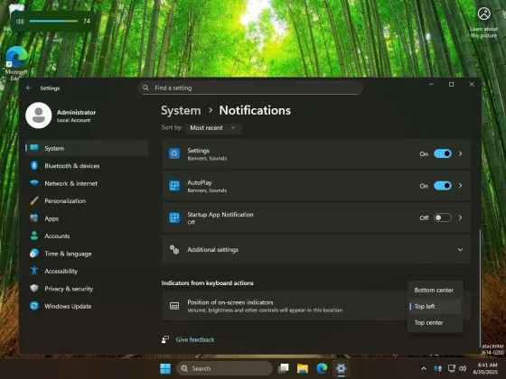В Windows 11 появится возможность изменять положение регуляторов звука и яркости
