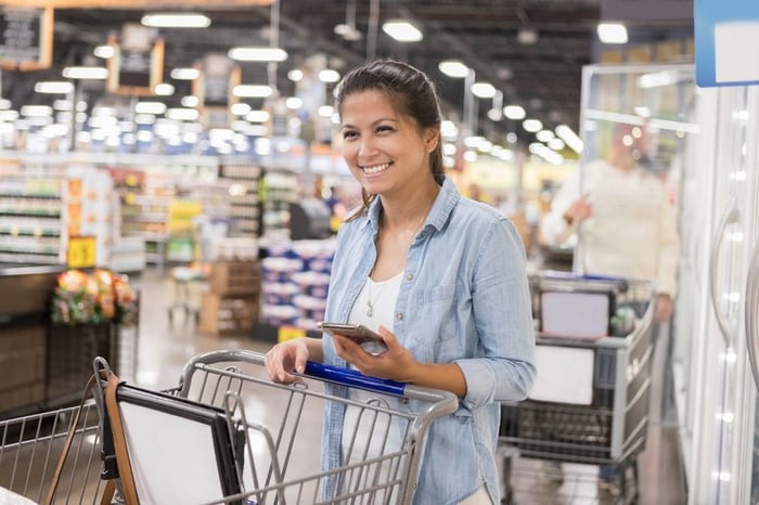 Smiling warehouse store club shopper with phone and shopping cart