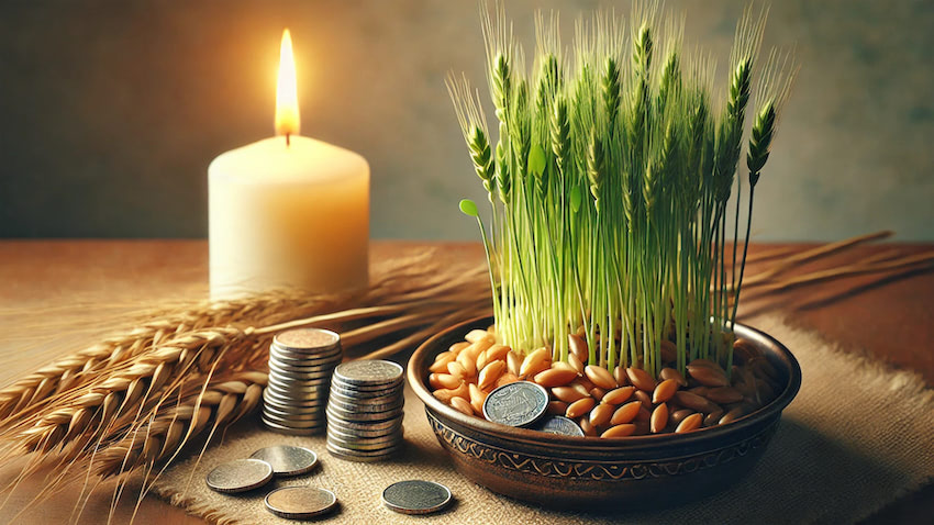 Обряд на деньги с пшеницей и зерном 