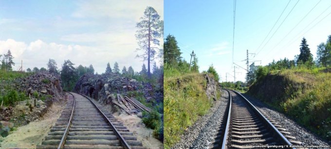 Железная дорога близ Кондопоги, 1916/2012 было и стало, прокудин-горский, фотографии