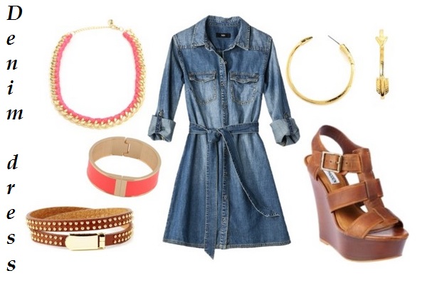 джинсовое платье рубашка, кожаная обувь, ремень и аксессуары