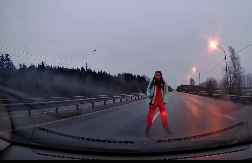 Под Тверью неадекватная женщина танцевала на трассе и прыгала на машины