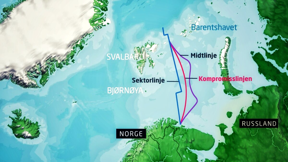 Часть шельфа, которою по соглашению от 2010 года Россия уступила Норвегии (красная линия). Синяя линия — линия разграничение на которй Россия настаивала до 2010 года — Project SFERA Live
