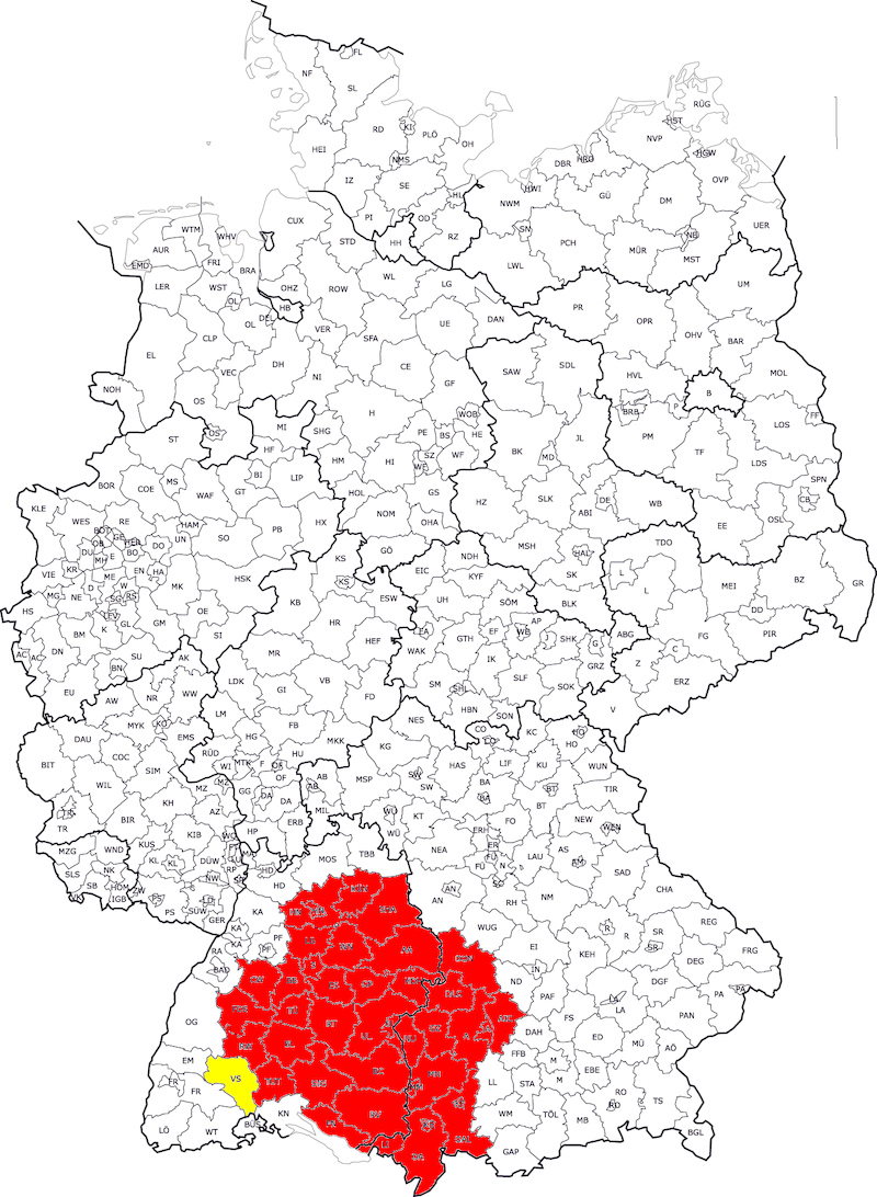 Швабия на карте современной Германии (красный цвет). Желтым цветом выделен район Шварцвальд-Бар, где швабский диалект немецкого языка присутствует наряду с другими.