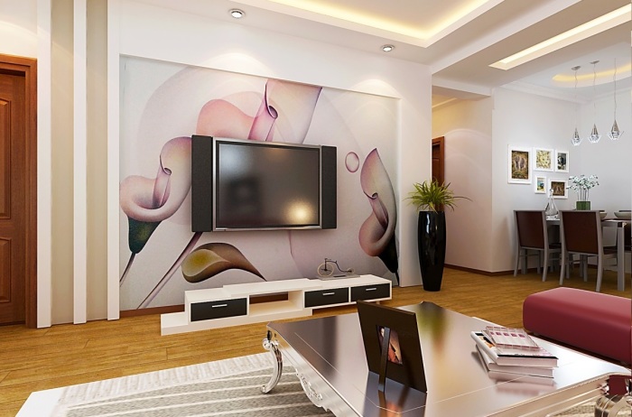 Обои с рисунком в зоне для просмотра телевизора могут изменить и улучшить интерьер гостиной комнаты.