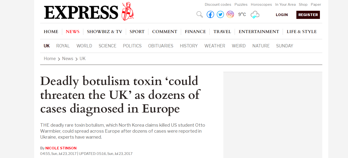 Скриншот сообщения об участившихся случаях отравления ботулотоксином на Украине в 2017 году с сайта express.co.uk