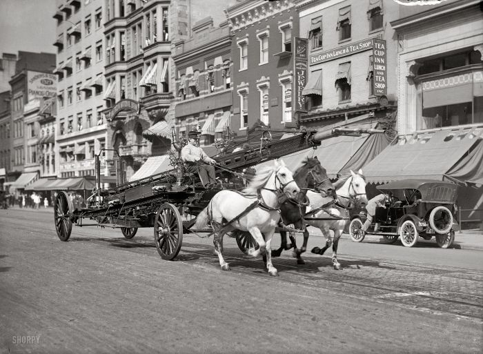 Пожарная команда на одной из центральных улиц Вашингтона в 1914 году.