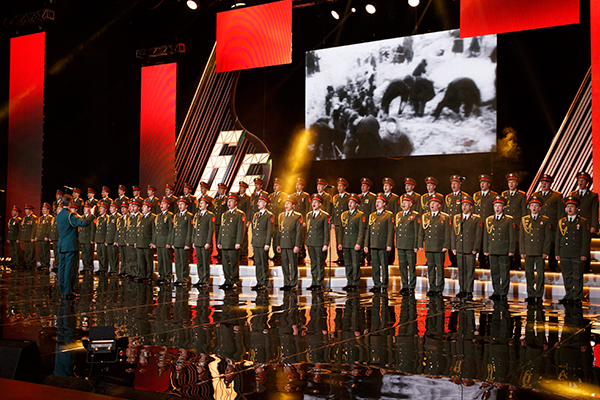 In this photo taken on Thursday, March 31, 2016, the Alexandrov Ensemble choir performs during a concert in Moscow, Russia. A Russian plane with 92 people aboard, including the well-known military band, crashed into the Black Sea on its way to Syria on Sunday, Dec. 25, minutes after takeoff from the resort city of Sochi, the Defense Ministry said. The Tu-154, which belonged to the ministry, was taking the Alexandrov Ensemble to a concert at the Russian air base in Syria. (AP Photo)