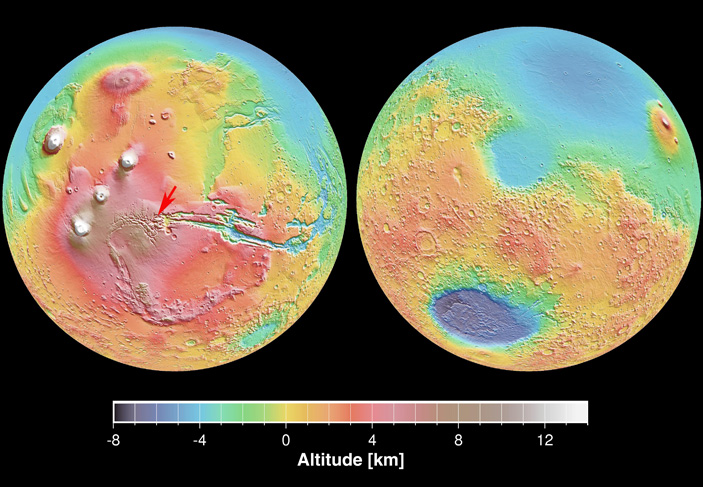 Рис. 2. Топография поверхности Марса