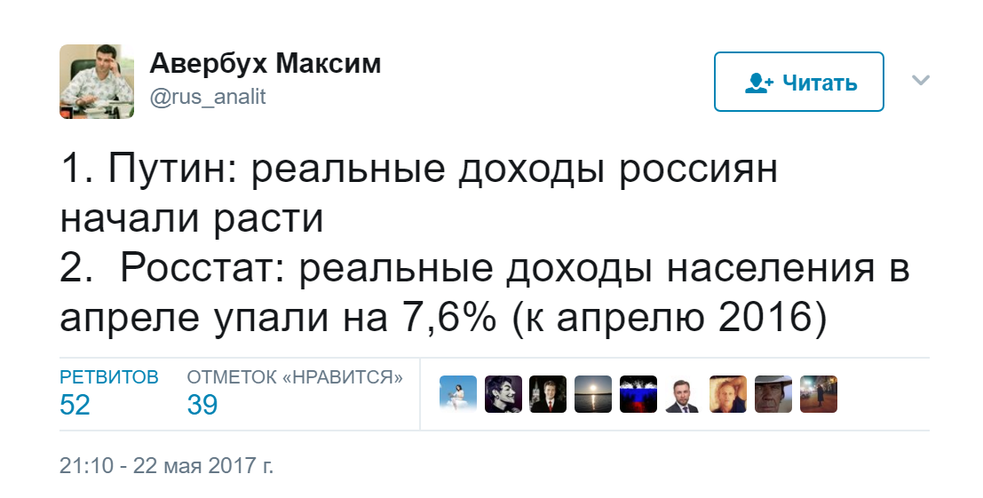 Реальные доходы россиян упали в апреле