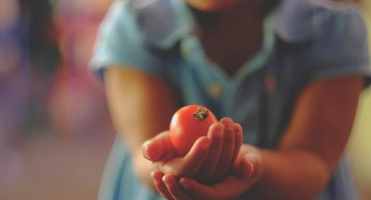 девушка держит в руках помидор