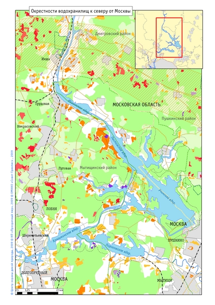 Карта вырубок и застроенных участков за 1992-2008 годы в окрестностях водохранилищ к северу от Москвы