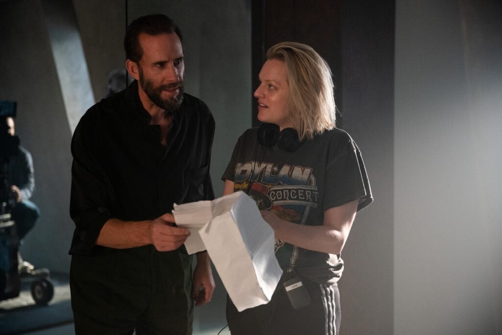 Joseph Fiennes as Fred Waterford and Director Elizabeth Moss in The Handmaid's Tale Season 4 Episode 3.
