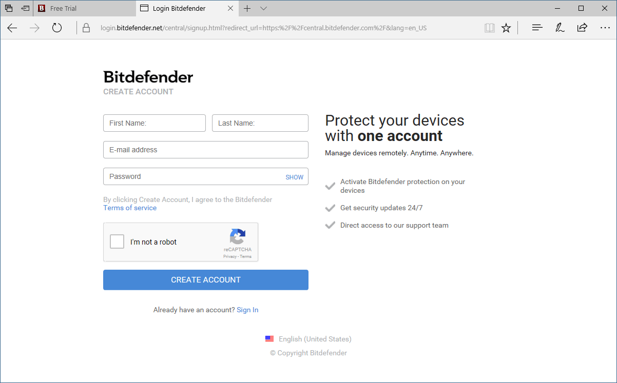 Bitdefender Central. Создать аккаунт