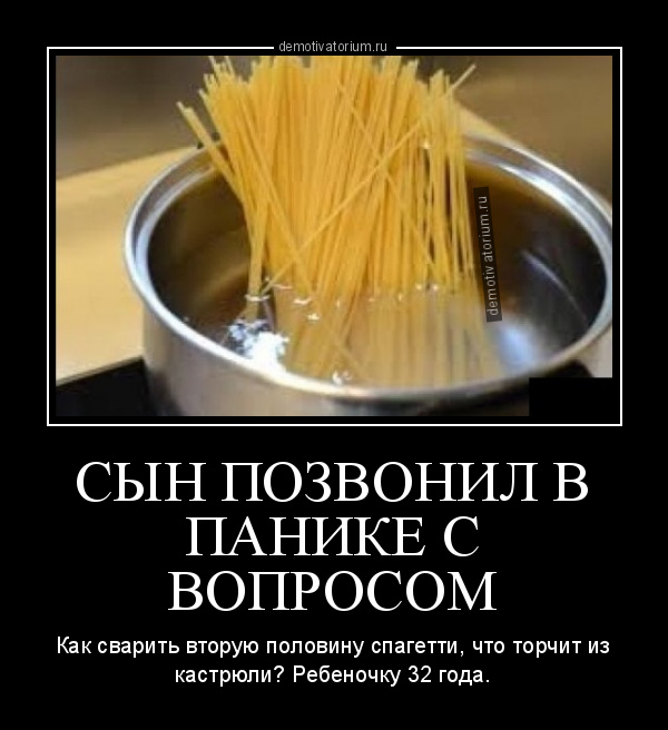 демотиватор СЫН ПОЗВОНИЛ В ПАНИКЕ С ВОПРОСОМ Как сварить вторую половину спагетти, что торчит из кастрюли? Ребеночку 32 года. - 2020-5-12