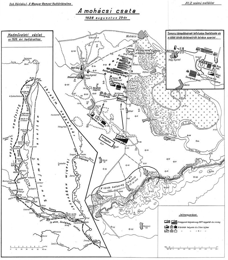 ​Реконструкция расстановки и движения войск 29 августа 1526 года на Мохачском поле. Во врезке слева - общая схема военных действий в 1526 году. Banlaky, T. 12 - Пушки и турки: Мохачское поле | Военно-исторический портал Warspot.ru