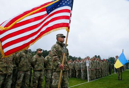 Servicemen of the U.S. and Ukrainian armies attend the opening ceremony of the 