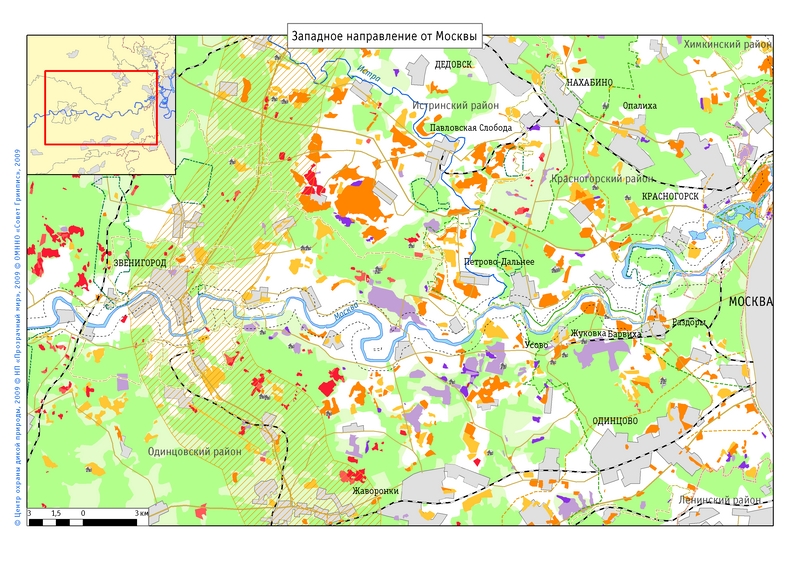 Карта вырубок и застроенных участков за 1992-2008 годы вдоль течения Москвы-реки от Звенигорода до столицы 