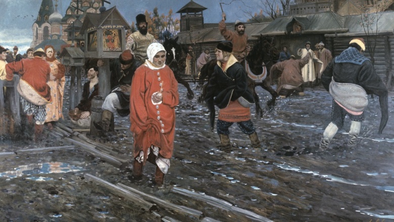 Репродукция картины рябушкина 1896. Рябушкин Московская улица 17 века в праздничный день.