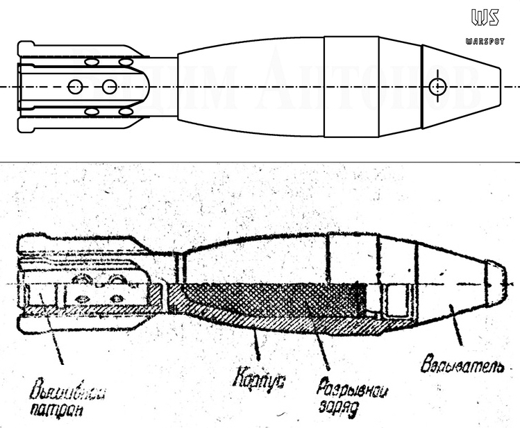 Вверху чертёж 37-мм мины для ВМ-37, внизу рисунок из инструкции по устройству и применению 37-мм миномёта - Плохая лопата, бесполезный миномёт | Военно-исторический портал Warspot.ru