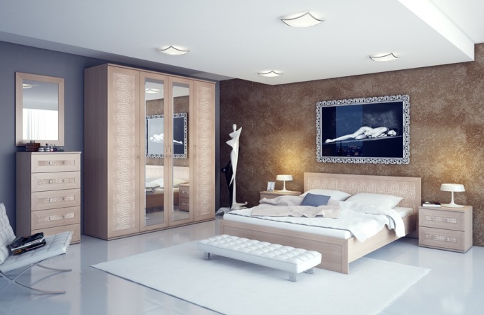 Мраморная стена в интерьере спальной комнаты прекрасно впишется в любое выбранное стилевое направление.