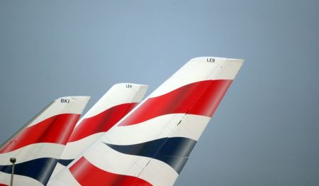 British Airways logos are seen on tail fins at Heathrow Airport in west London, Britain, February 23, 2018. REUTERS/Hannah McKay/File Photo