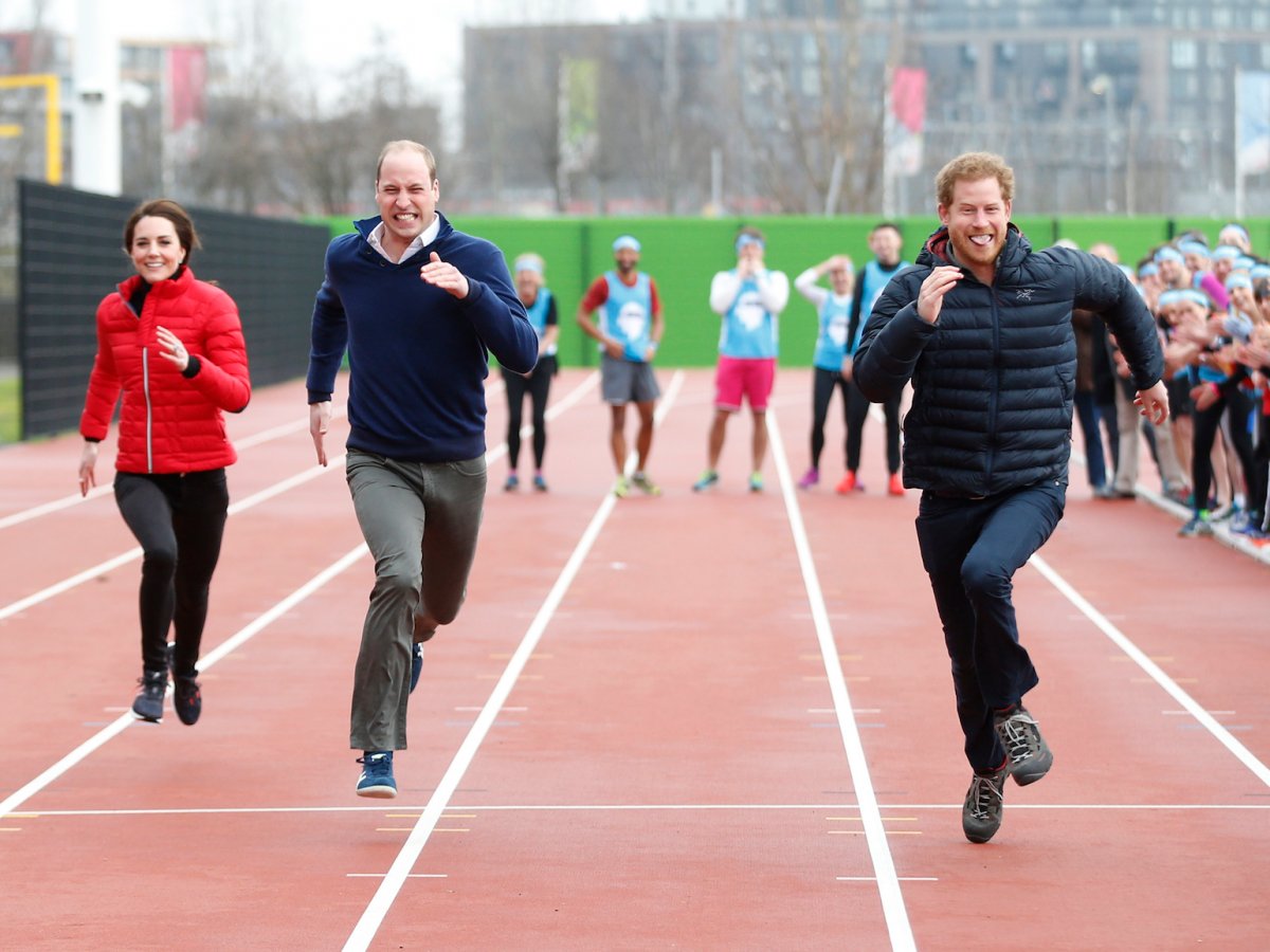 It's not all relaxed though — here's all three royals making a run for it at a sports event in east London in February.