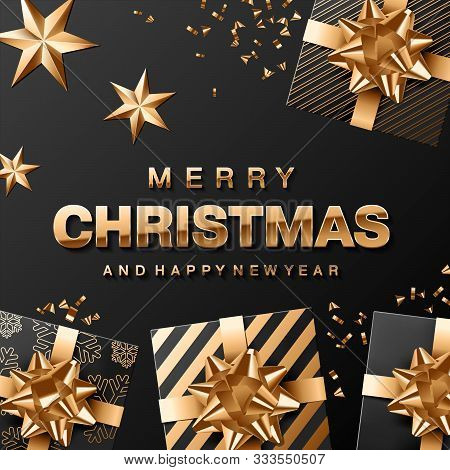 Square social media post or banner vector template black background. Merry Christmas and Happy New Year golden lettering with stars, confetti and gifts with bows.