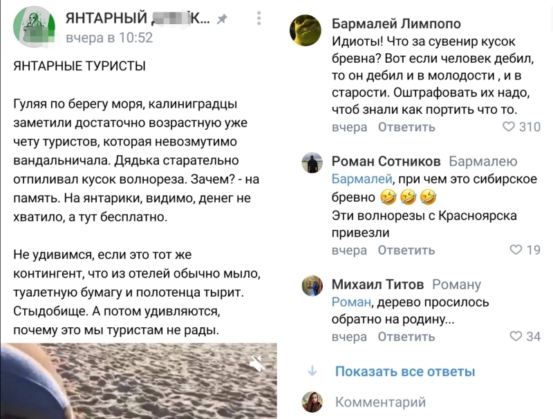 Калининградцы сняли на видео отпиливающих кусок волнореза туристов